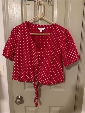 Market & Spruce Red Polka Dot Tie-Front Crop Top